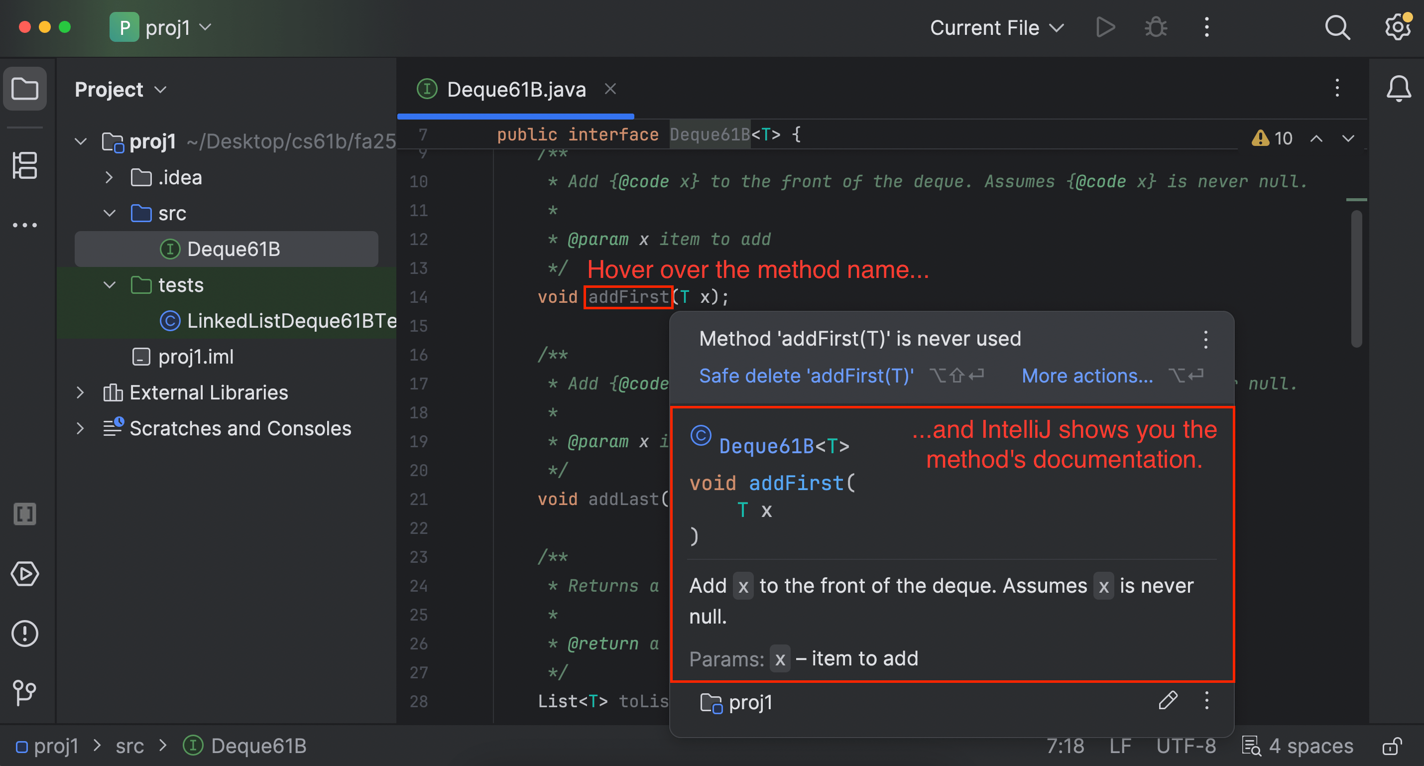 Hover over method name to see JavaDoc